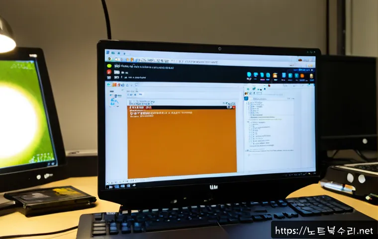 예관동 ubuntu재설치 포맷  초기화 - Photorealistic desktop workstation in a compact Yegwan-dong repair office, Ubuntu-style operating sy...