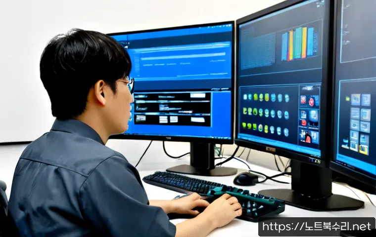 하중동 STATUS_MODULE_ACCESS_DENIED - Photorealistic remote IT support workstation in a modern Korean suburban office, frustrated technici...