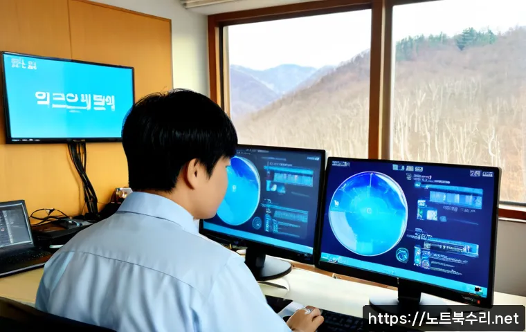 양평군 STATUS_KERNEL_MODE_EXCEPTION - Photorealistic remote IT support workstation in a quiet Yangpyeong County office, dual monitors show...