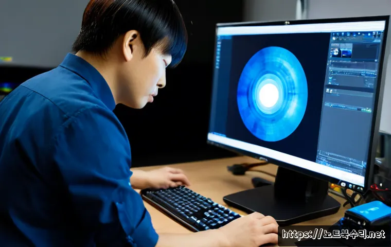 충무로 STATUS_KERNEL_BLOCKED - Photorealistic IT support workstation in a compact Chungmuro print-production studio, technician exa...