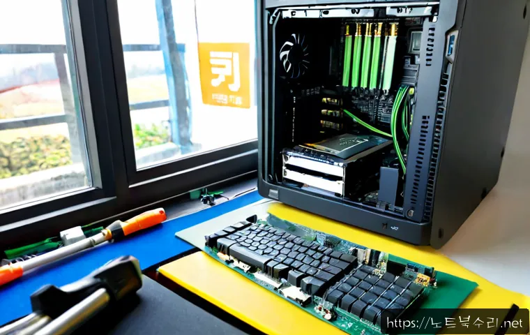 통진읍 SSD조립 및 교체수리 - Photorealistic computer repair workstation in a quiet Korean township electronics shop, technician i...