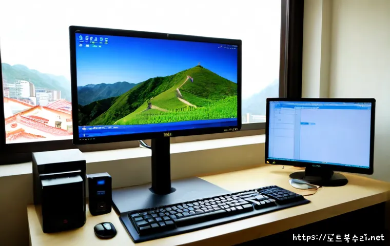 연다산동 KMODE_EXCEPTION_NOT_HANDLED - Photorealistic software support workstation in a compact hillside apartment office, dual monitors sh...
