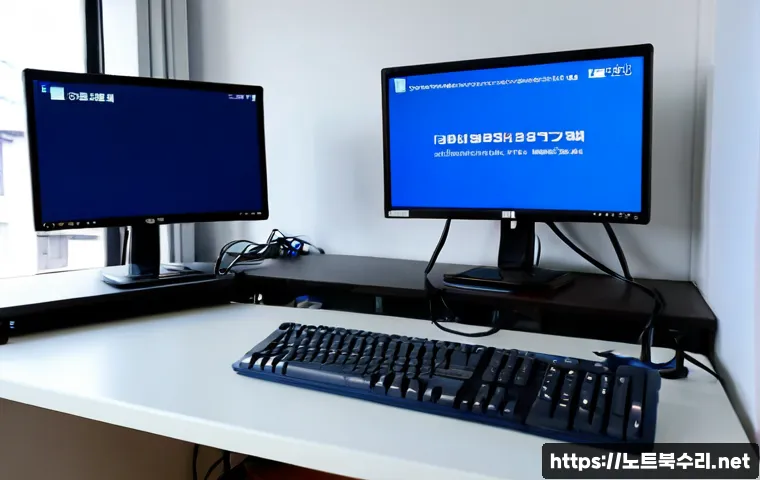 망월동 블루스크린 - Photorealistic IT support workstation in Mangwol-dong, dual monitors showing a blank cobalt-blue sys...