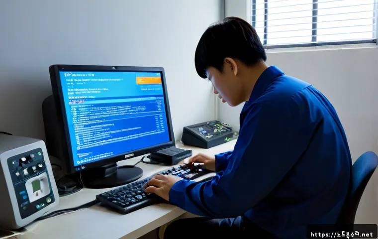 정왕동 BAD_SYSTEM_CONFIG_INFO - Photorealistic IT support workstation in a compact apartment office near an industrial coastal distr...