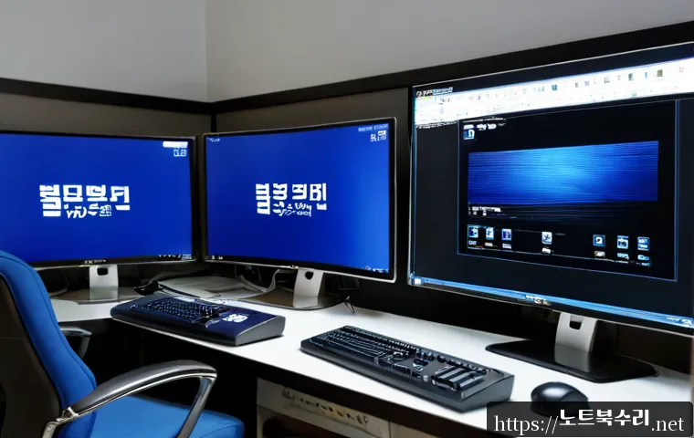 통의동 블루스크린 - Photorealistic remote IT support workstation in a quiet Tongui-dong design studio, dual monitors wit...
