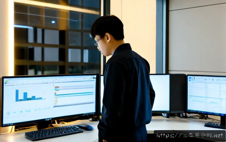 소공동 STATUS_STACK_OVERFLOW - Photorealistic IT support workstation in a compact central Seoul office, dual monitors showing a com...