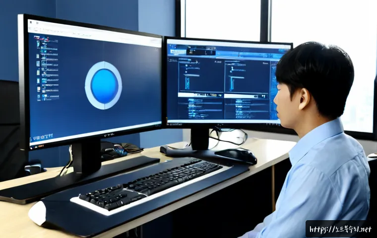 평택동 BAD_POOL_CALLER - Photorealistic remote-support workstation in Pyeongtaek-dong, dual monitors showing a nonverbal blue...