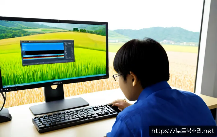 장안면 UDFS_FILE_SYSTEM - Photorealistic IT support workstation in a quiet Korean township office, dual monitors showing a cle...