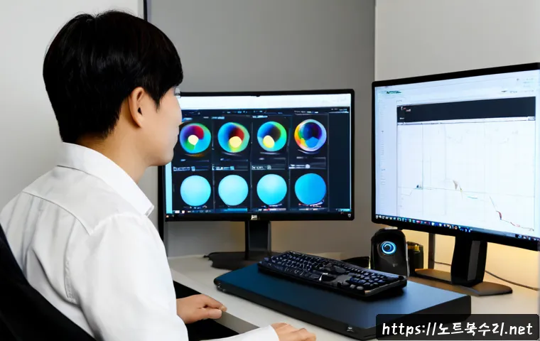 곡선동 STATUS_KERNEL_MODULE_CORRUPTION - Photorealistic IT support workstation in a modern Gokseon-dong office, dual blank monitors showing a...
