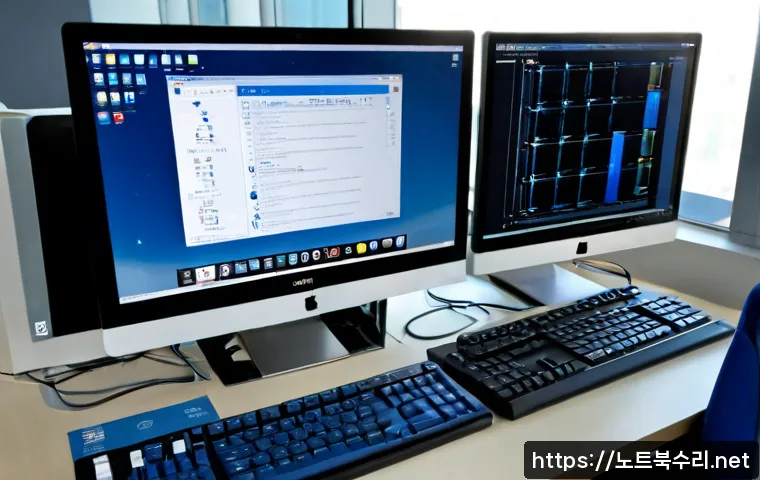 검암동 CDFS_FILE_SYSTEM - Photorealistic IT support workstation in a quiet Geomam-dong apartment office, dual monitors showing...