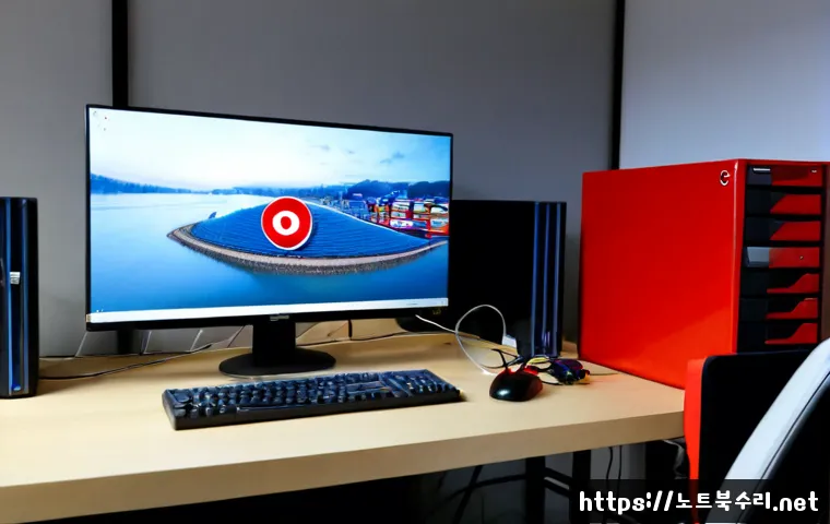 오학동 STATUS_DISK_WRITE_FAILURE - Photorealistic IT support workstation in a compact Korean office near a quiet riverside neighborhood...