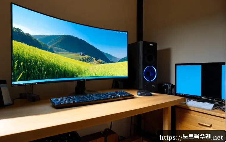 북면 SYSTEM_SERVICE_EXCEPTION - Photorealistic PC repair workstation in a quiet Buk-myeon home office, ultrawide monitor showing a b...