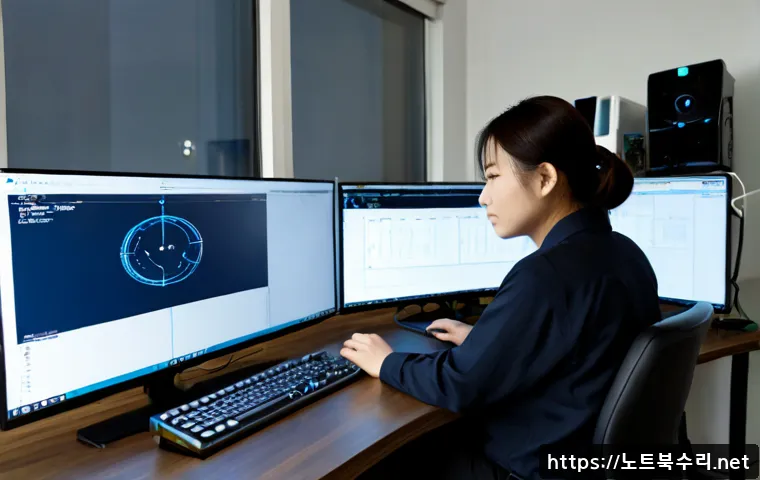 용현동 THREAD_TERMINATION_PORT - Photorealistic remote-support workstation in a compact Yonghyeon-dong office, dual monitors showing ...