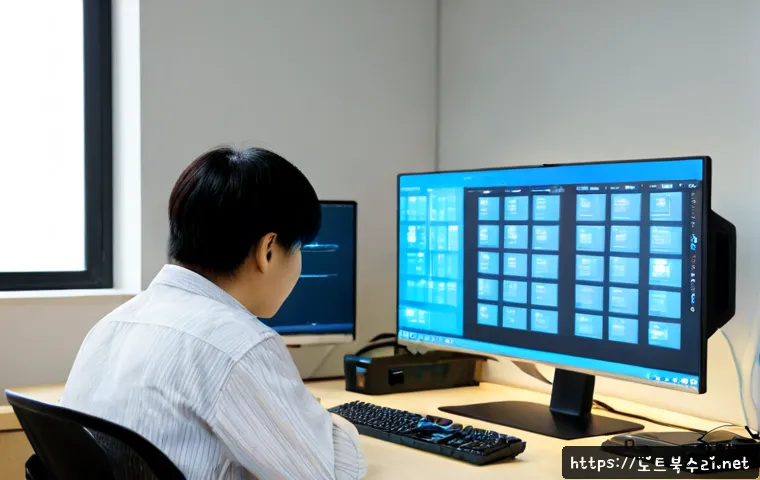 성동구 WIN32K_LOCK_HELD_TOO_LONG - Photorealistic IT support workstation in a Seongdong creative studio, dual monitors showing a blank ...
