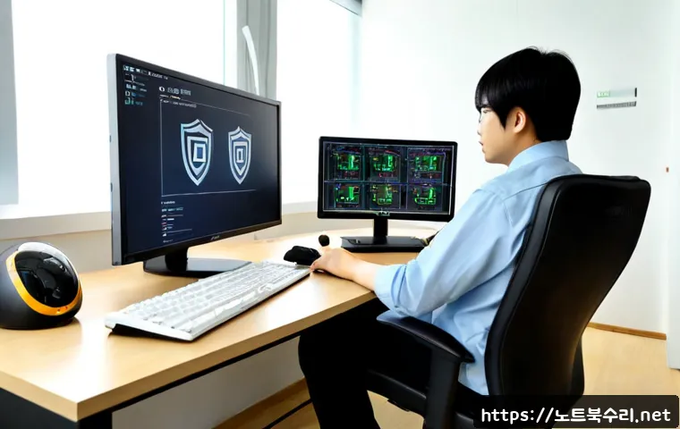 교하동 STATUS_PROTECTION_ERROR - Photorealistic remote-support workstation in a modern Gyohadong apartment office, dual monitors show...