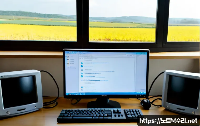 흥천면 자동복구 - Photorealistic IT support workstation in a quiet rural township office, dual monitors showing a gene...