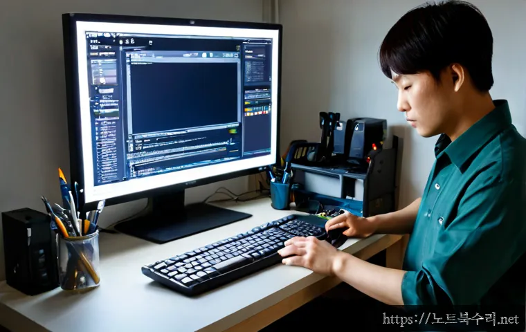 선부동 STATUS_KERNEL_BOOT_FAILURE - Photorealistic IT support desk in a compact Korean apartment office, desktop workstation paused at a...