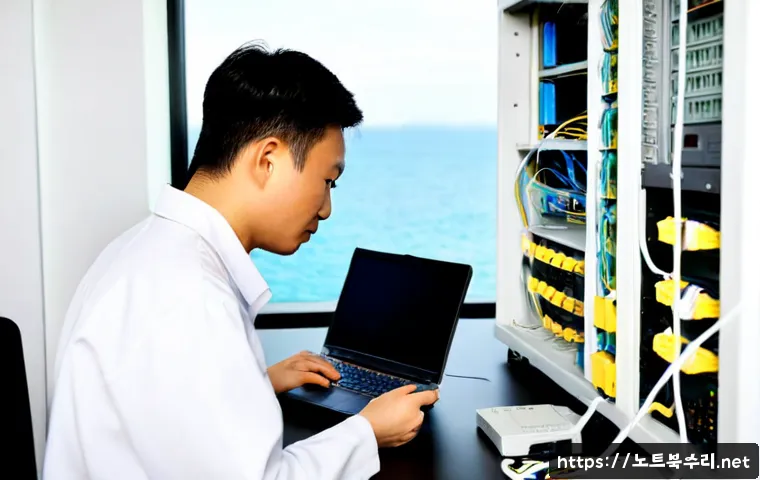 을왕동 server출장방문수리점 - Photorealistic onsite server repair in a compact coastal guesthouse office near Eulwangdong, technic...