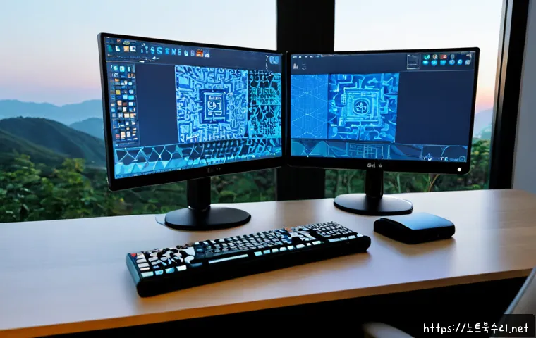 무학동 STATUS_KERNEL_DRIVER_CORRUPTION - Photorealistic remote-support workstation in a compact Muak-dong apartment office, dual monitors sho...