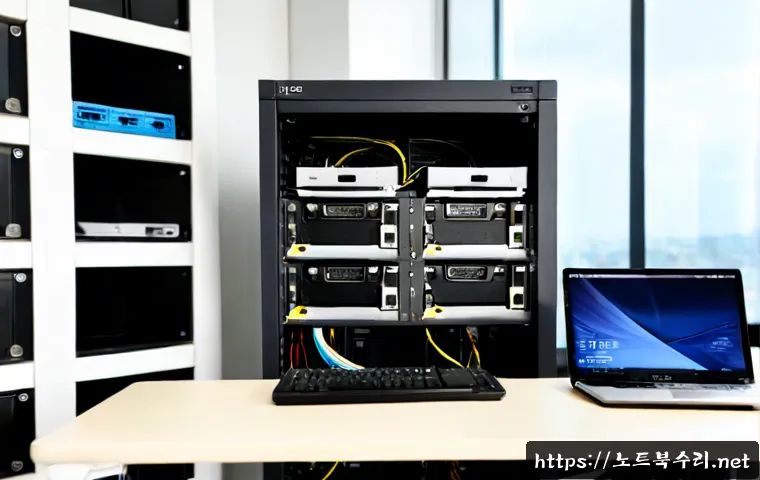 동백동 ftp서버출장방문수리점 - Photorealistic onsite FTP server repair in a compact Dongbaek-dong apartment office, technician conn...