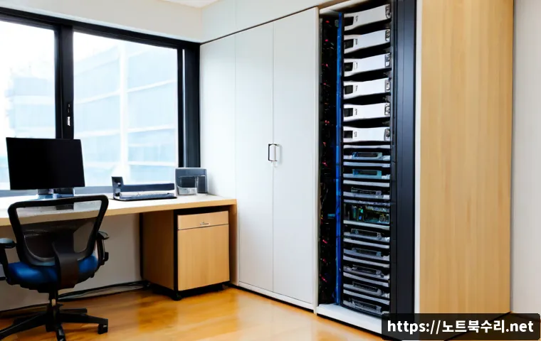 도곡동 파일서버출장방문수리점 - Photorealistic onsite file server repair in a refined Dogok-dong apartment home office, technician r...