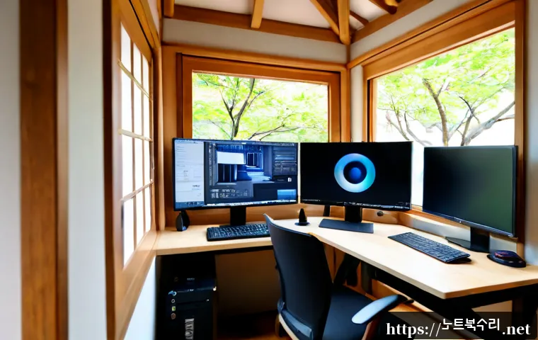 익선동 pc복구중 - Photorealistic PC recovery workstation inside a compact renovated hanok-style office near Ikseon-don...
