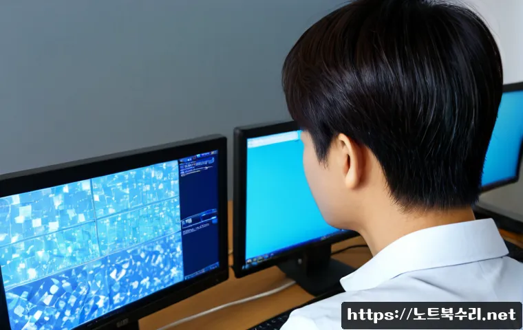 왕곡동 STATUS_KERNEL_MEMORY_LEAK - Photorealistic IT support workstation in Wangok-dong, dual monitors showing abstract frozen blue dia...
