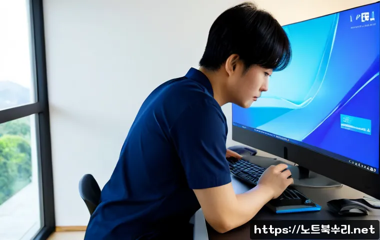 오정구 윈도우11 windows11 재설치 포맷 초기화 - Photorealistic IT technician carefully reinstalling Windows 11 on a modern desktop workstation, glow...
