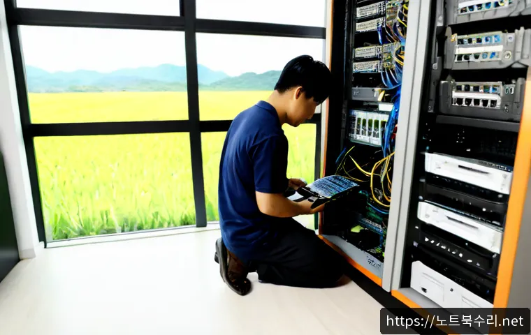 설성면 server출장방문수리점 - Photorealistic onsite server repair in a quiet rural Korean office, technician replacing network cab...