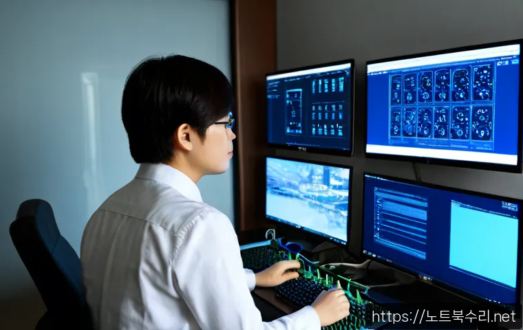 아양동 MACHINE_CHECK_EXCEPTION - Photorealistic engineering workstation in a compact modern office, dual monitors showing a detailed ...
