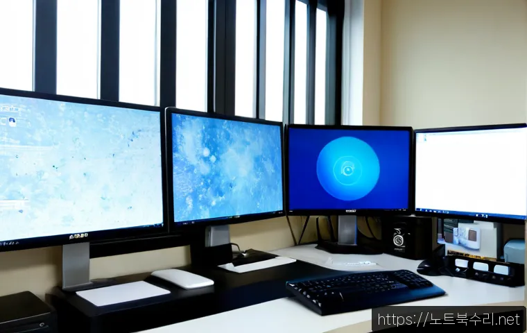 탄현동 KERNEL_DATA_INPAGE_ERROR - Photorealistic IT support workstation in a modern Tanghyeon-dong apartment office, ultrawide monitor...