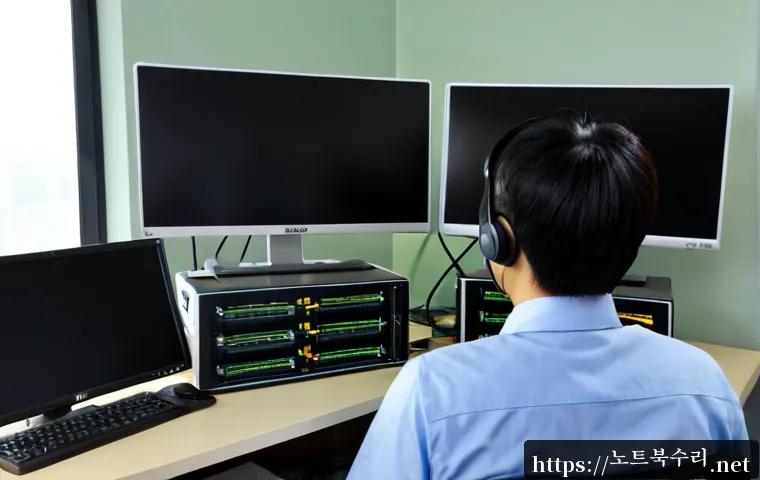 산남동 STATUS_UNSUCCESSFUL - Photorealistic IT support workstation in a quiet Sanam-dong office, dual monitors showing a blank di...