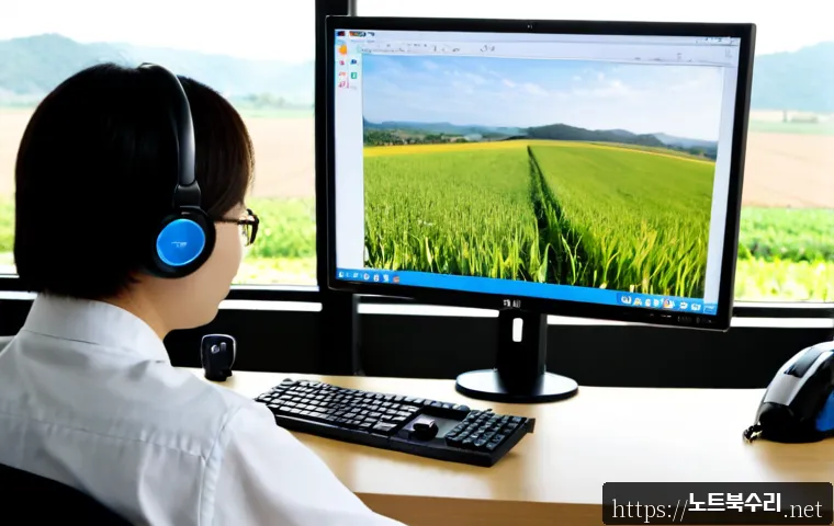 개군면 STATUS_IMAGE_ACCESS_DENIED - Photorealistic remote-support workstation in a quiet rural Korean office, dual monitors showing a bl...