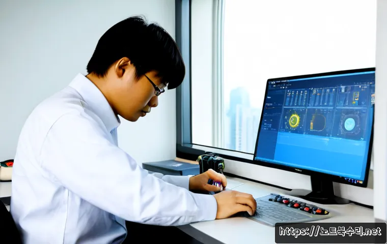 도봉구 THREAD_TERMINATION_PORT - Photorealistic precision engineering workstation in a quiet Dobong-gu office, technician using a CAD...