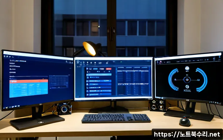 서계동 STATUS_KERNEL_CONFIGURATION_ERROR - Photorealistic remote-support workstation in a compact Seogye-dong apartment studio, dual monitors s...