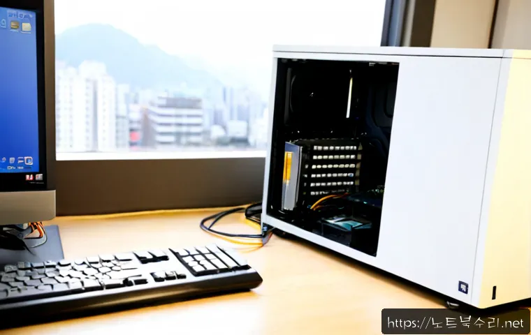 삼숭동 a disk read error occurred - Photorealistic desktop computer repair workstation in a compact Samsong-dong apartment office, monit...