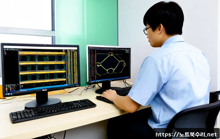 상패동 NDIS_INTERNAL_ERROR - Photorealistic IT support workstation in a compact Korean office, dual monitors showing abstract non...