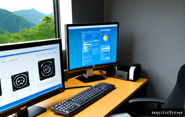 의왕시 STATUS_SYSTEM_FILE_MISSING - Photorealistic IT support workstation in a modern Uiwang office, dual monitors showing a clean CAD-s...