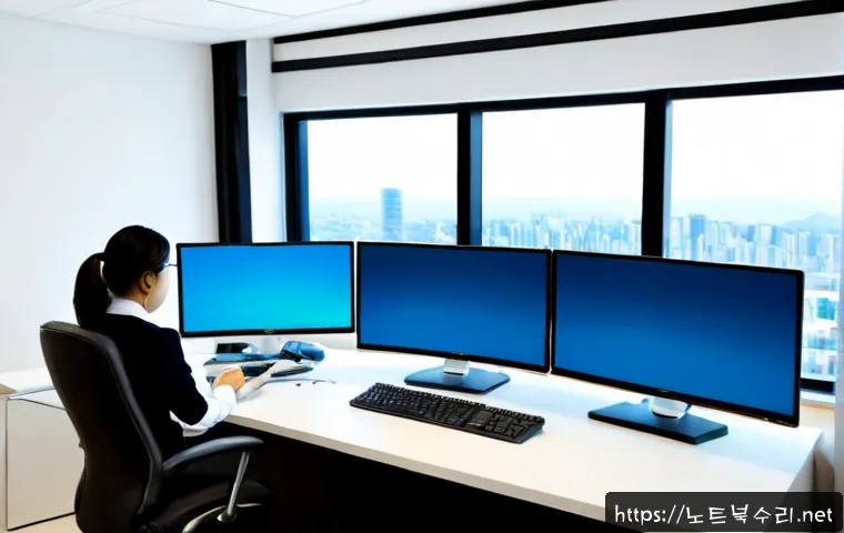 대장동 DRIVER_IRQL_NOT_LESS_OR_EQUAL - Photorealistic IT support desk in a modern apartment-office setting, dual monitors showing a blank b...