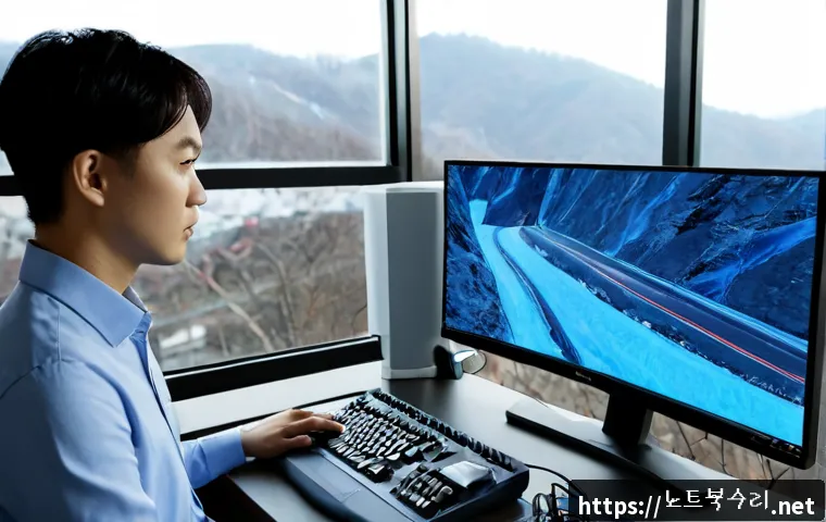 홍제동 INVALID_KERNEL_HANDLE - Photorealistic IT support workstation in a compact hillside apartment office, dual monitors showing ...