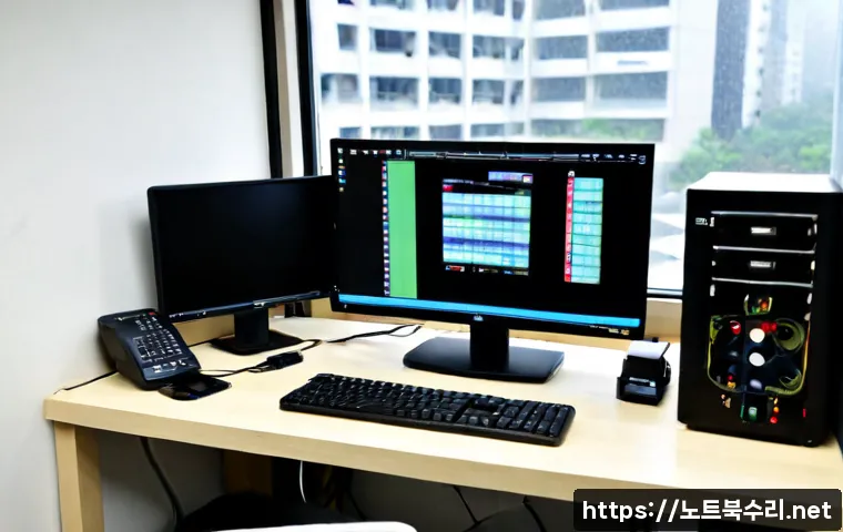 벌음동 부팅안됨 - Photorealistic IT support workstation in a compact Beoreum-dong office, desktop tower opened beside ...