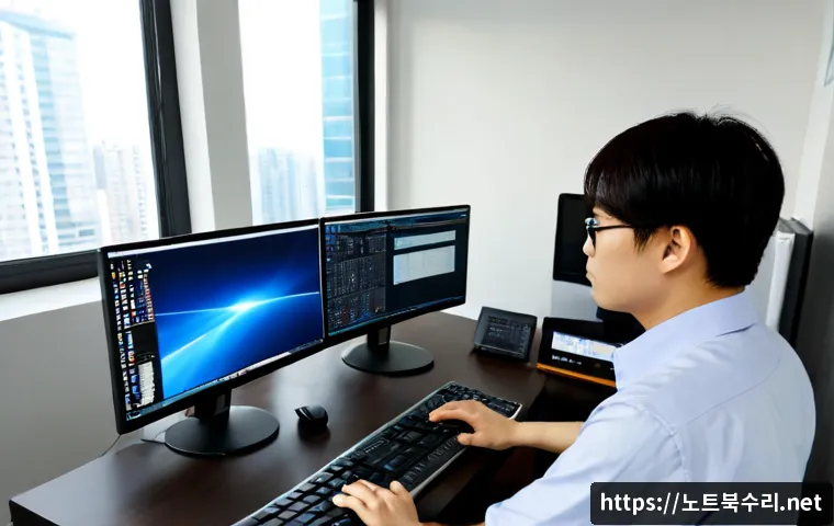 석남동 REGISTRY_ERROR - Photorealistic IT support workstation in a compact Seoknam-dong apartment office, dual monitors show...