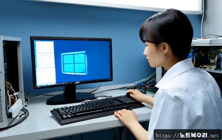 초지동 MACHINE_CHECK_EXCEPTION - Photorealistic computer repair workstation in a compact Chojidong office, dual monitors frozen on a ...