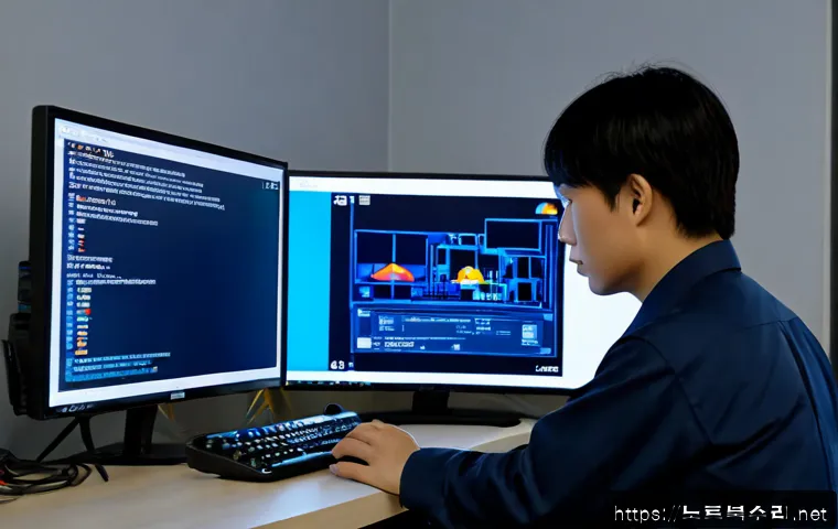 구운동 KERNEL_SECURITY_CHECK_FAILURE - Photorealistic remote-support workstation in a quiet Korean suburban apartment, desktop monitor show...