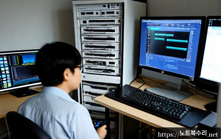 수암동 부팅안됨 - Photorealistic computer repair workstation in a compact Suam-dong apartment office, technician resea...
