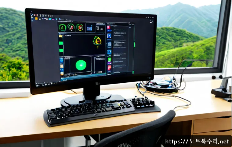 대야미동 STATUS_KERNEL_DEVICE_ERROR - Photorealistic remote-support workstation in a quiet Daeyami-dong apartment office, dual monitors sh...
