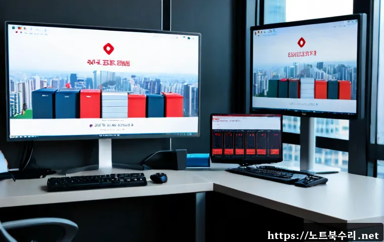 소공동 STATUS_DISK_READ_FAILURE - Photorealistic IT support workstation in a refined Sogong-dong office tower, dual monitors showing a...