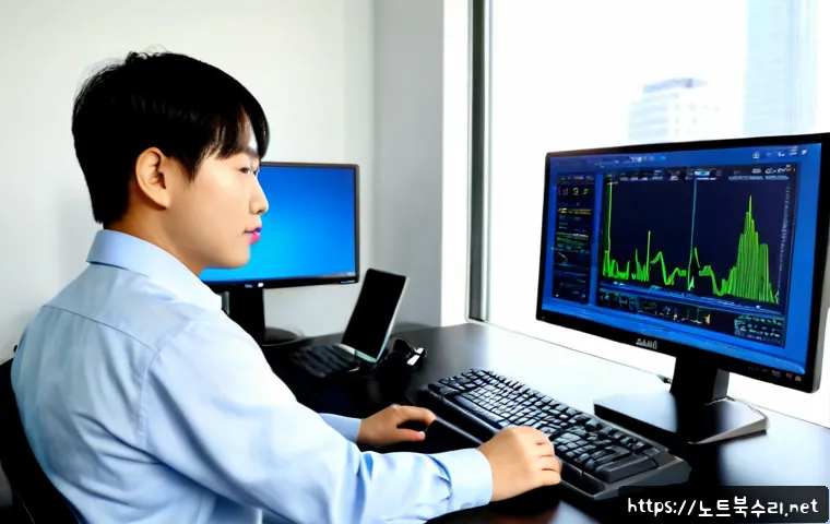 귀인동 STATUS_KERNEL_MODE_EXCEPTION - Photorealistic IT support workstation in a modern Anyang office, dual monitors with one showing a bl...