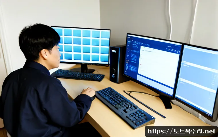 미산동 STATUS_MEMORY_ACCESS_DENIED - Photorealistic remote-support workstation in a quiet suburban Korean apartment, dual monitors showin...