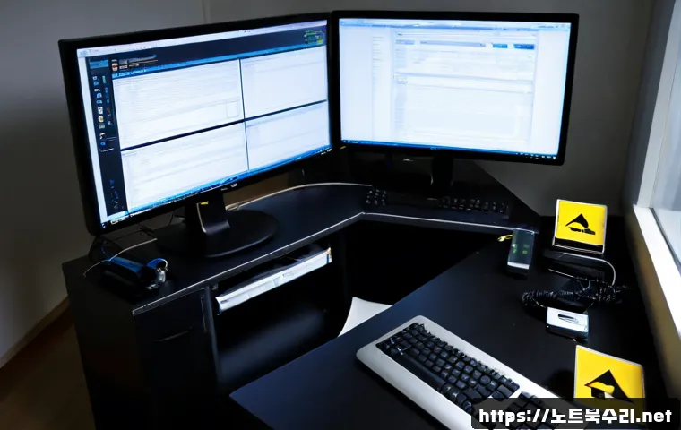 신림동 REGISTRY_ERROR - Photorealistic IT support workstation in a compact Sillim-dong apartment office, dual monitors showi...